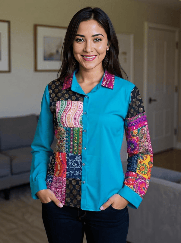 Patchwork Shirt Gypsy Grid Turquoise Multicolor - Rajni Collection