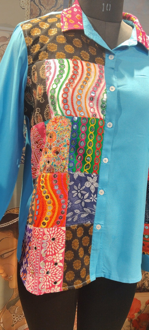 Patchwork Shirt Gypsy Grid Turquoise Multicolor - Rajni Collection
