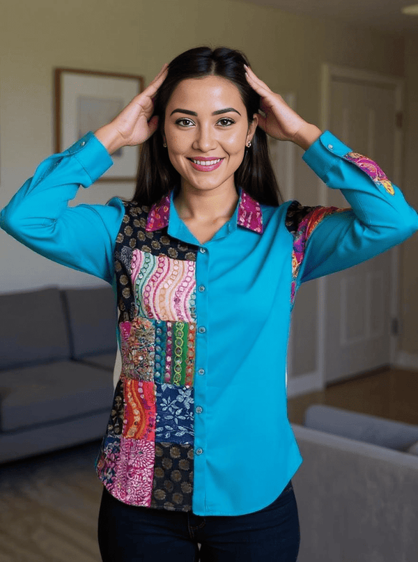 Patchwork Shirt Gypsy Grid Turquoise Multicolor - Rajni Collection