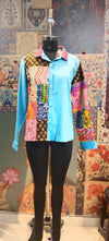 Patchwork Shirt Gypsy Grid Turquoise Multicolor - Rajni Collection
