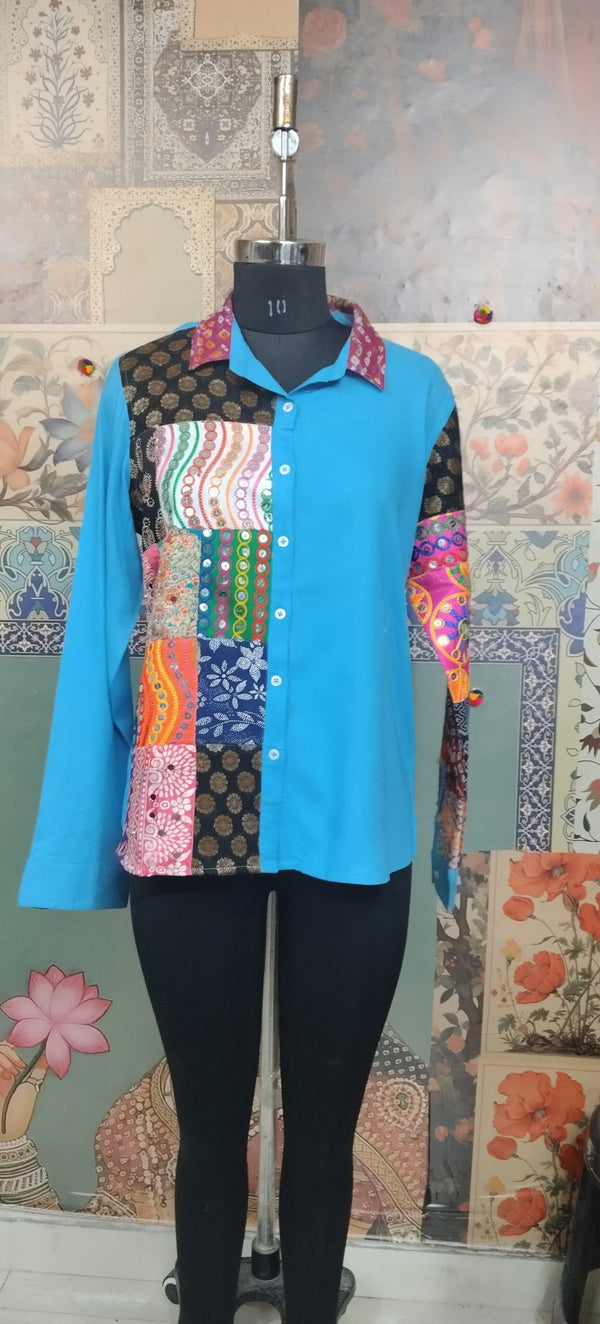 Patchwork Shirt Gypsy Grid Turquoise Multicolor - Rajni Collection