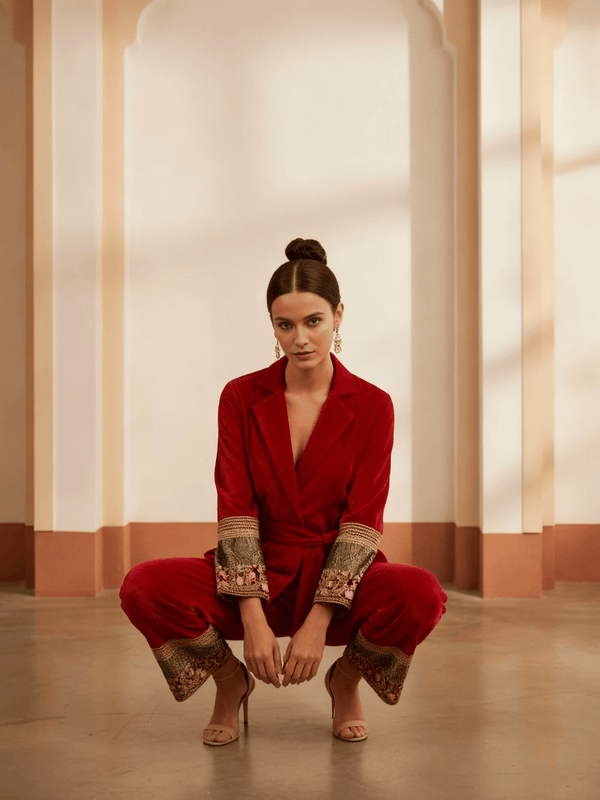 Pink Velvet Co - ord Set with Embroidered Borders – Festive Luxe Wear - Rajni Collection