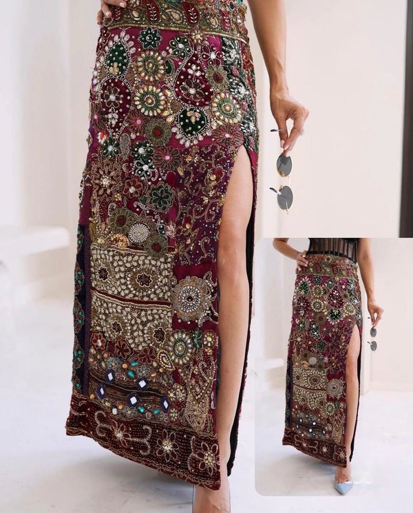 Purple Embellished Skirt Royal Patchwork Slit Skirt - Rajni Collection