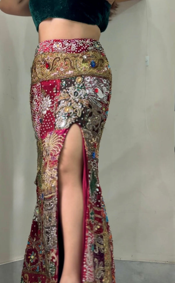 Purple Embellished Skirt Royal Patchwork Slit Skirt - Rajni Collection