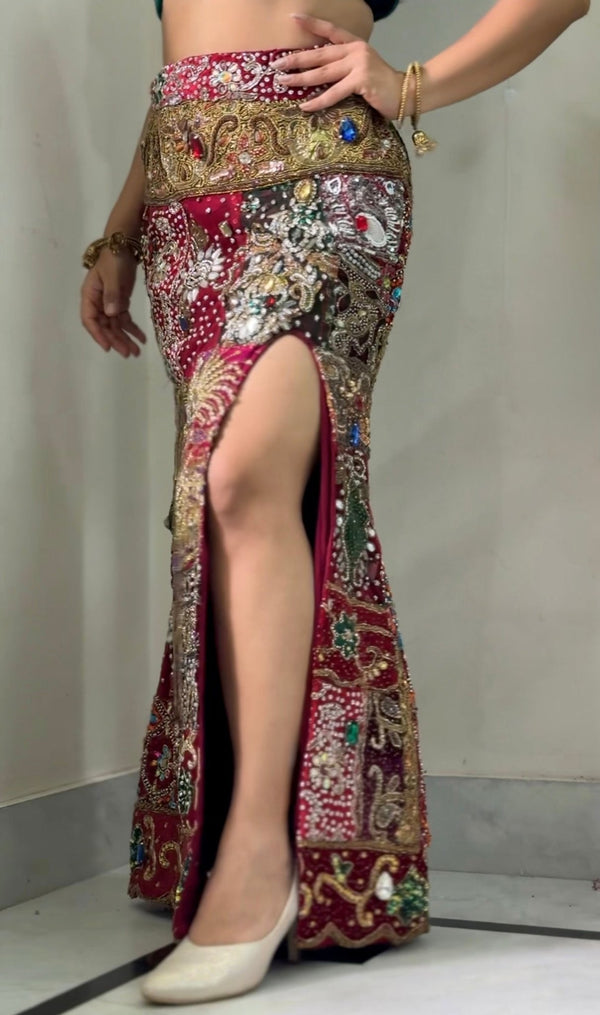 Purple Embellished Skirt Royal Patchwork Slit Skirt - Rajni Collection