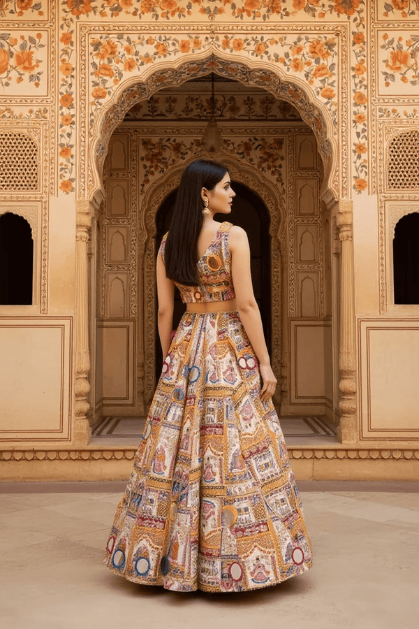 Rajasthani Pichwai Print Lehenga Set Handcrafted Mirror Work & Blouse - Rajni Collection