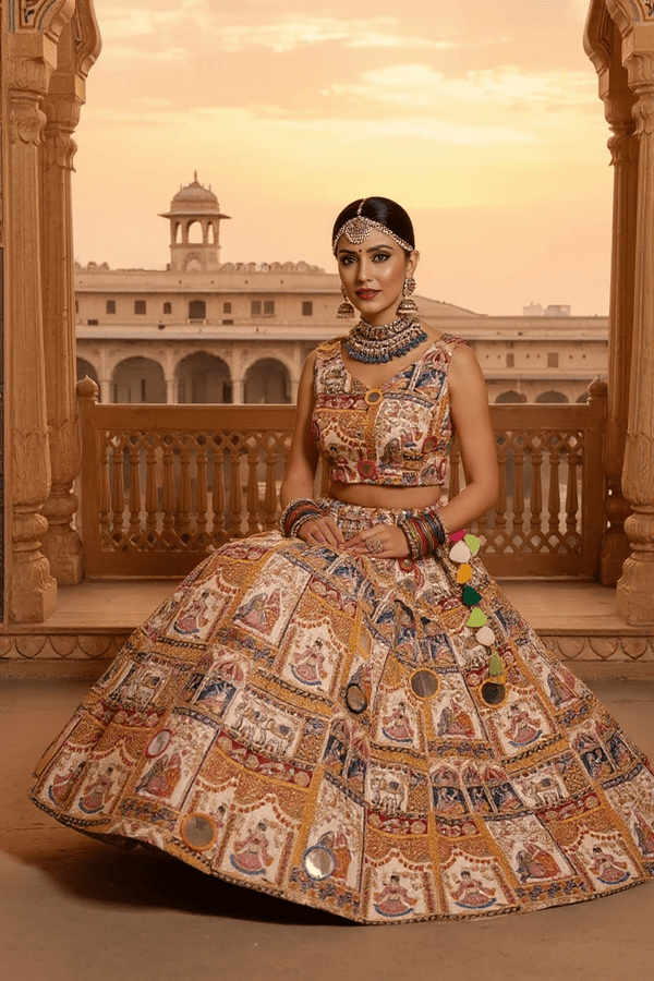 Rajasthani Pichwai Print Lehenga Set Handcrafted Mirror Work & Blouse - Rajni Collection