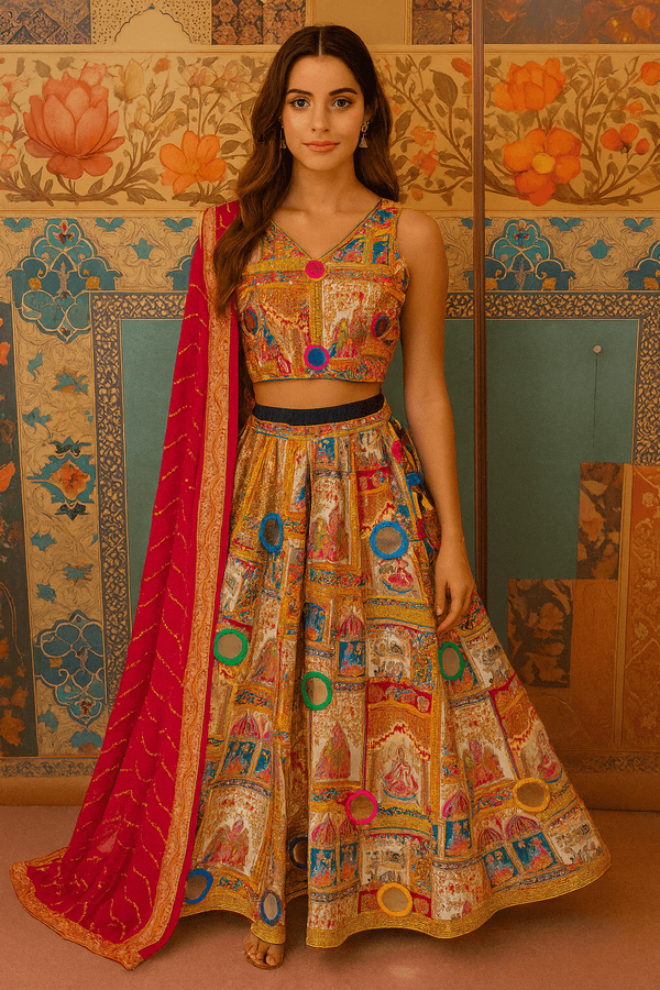 Rajasthani Pichwai Print Lehenga Set Handcrafted Mirror Work & Blouse - Rajni Collection