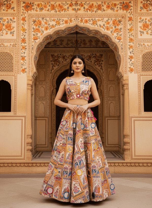 Rajasthani Pichwai Print Lehenga Set Handcrafted Mirror Work & Blouse - Rajni Collection