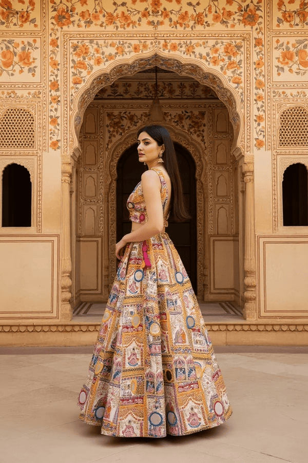 Rajasthani Pichwai Print Lehenga Set Handcrafted Mirror Work & Blouse - Rajni Collection