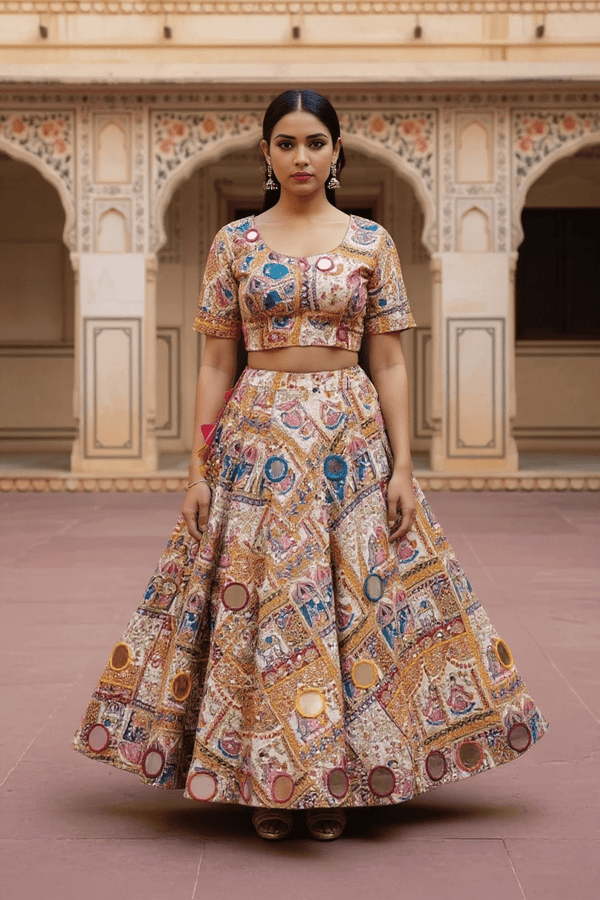 Rajasthani Pichwai Print Lehenga Set Handcrafted Mirror Work & Blouse - Rajni Collection