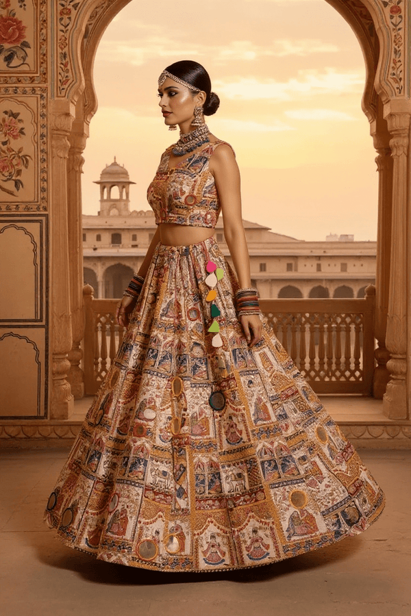 Rajasthani Pichwai Print Lehenga Set Handcrafted Mirror Work & Blouse - Rajni Collection