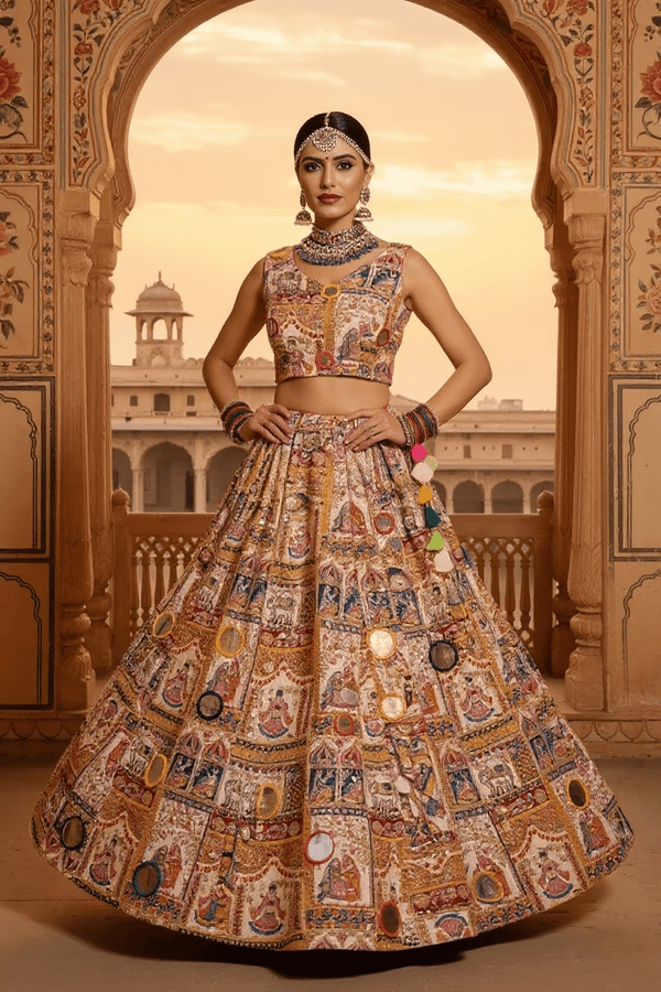 Rajasthani Pichwai Print Lehenga Set Handcrafted Mirror Work & Blouse - Rajni Collection