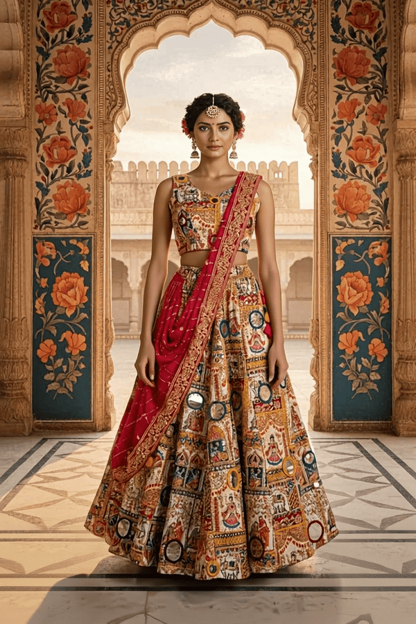 Rajasthani Pichwai Print Lehenga Set Handcrafted Mirror Work & Blouse - Rajni Collection