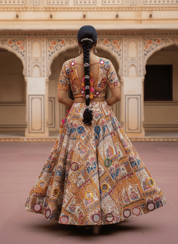 Rajasthani Pichwai Print Lehenga Set Handcrafted Mirror Work & Blouse - Rajni Collection