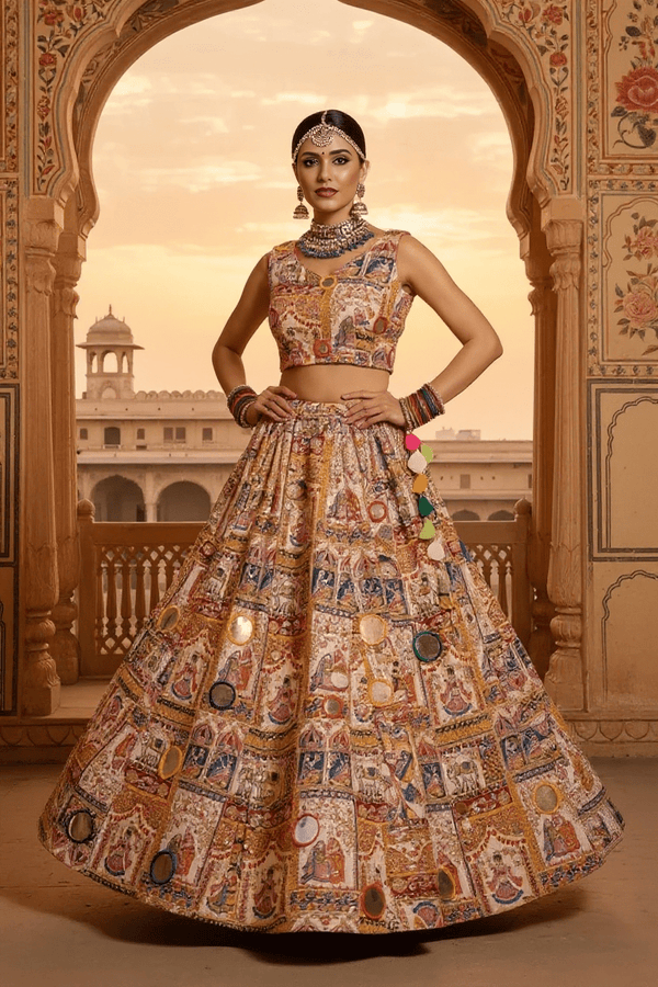 Rajasthani Pichwai Print Lehenga Set Handcrafted Mirror Work & Blouse - Rajni Collection