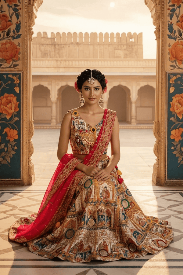 Rajasthani Pichwai Print Lehenga Set Handcrafted Mirror Work & Blouse - Rajni Collection