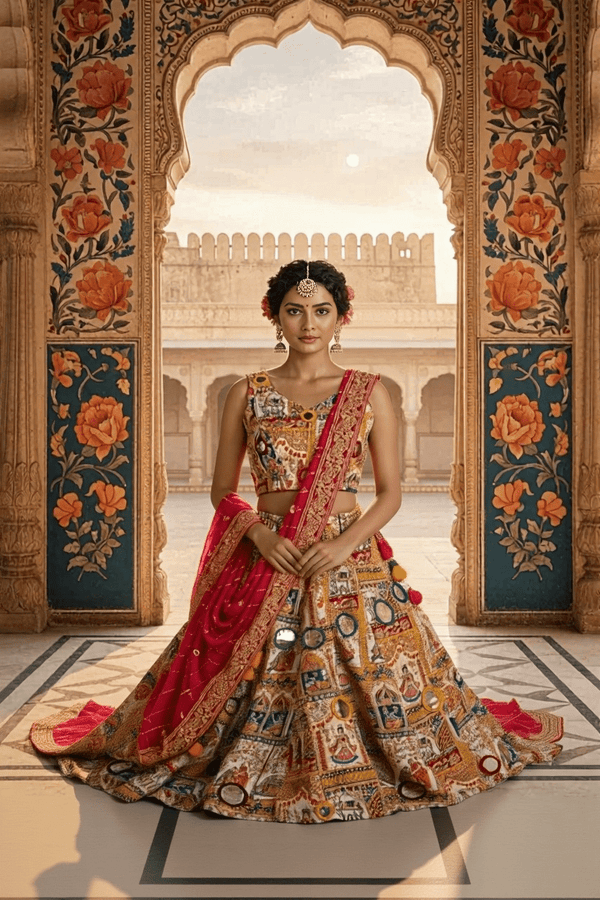 Rajasthani Pichwai Print Lehenga Set Handcrafted Mirror Work & Blouse - Rajni Collection