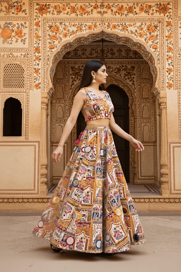 Rajasthani Pichwai Print Lehenga Set Handcrafted Mirror Work & Blouse - Rajni Collection
