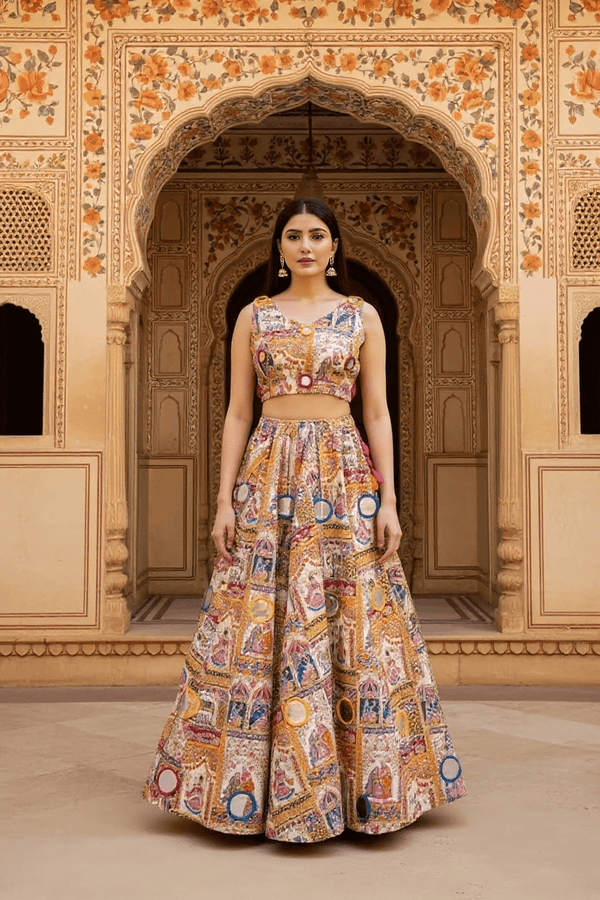 Rajasthani Pichwai Print Lehenga Set Handcrafted Mirror Work & Blouse - Rajni Collection
