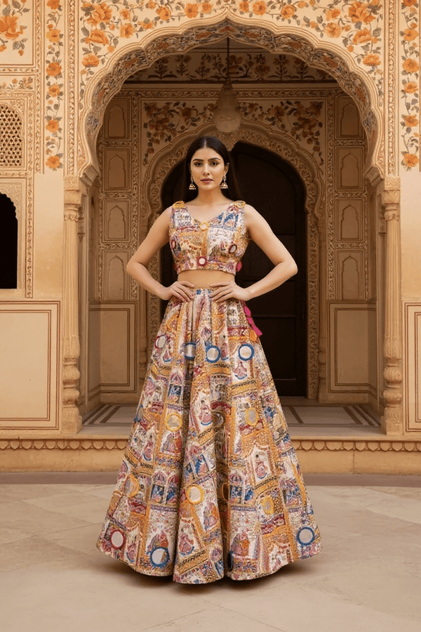 Rajasthani Pichwai Print Lehenga Set Handcrafted Mirror Work & Blouse - Rajni Collection