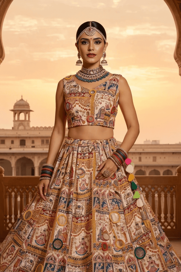 Rajasthani Pichwai Print Lehenga Set Handcrafted Mirror Work & Blouse - Rajni Collection