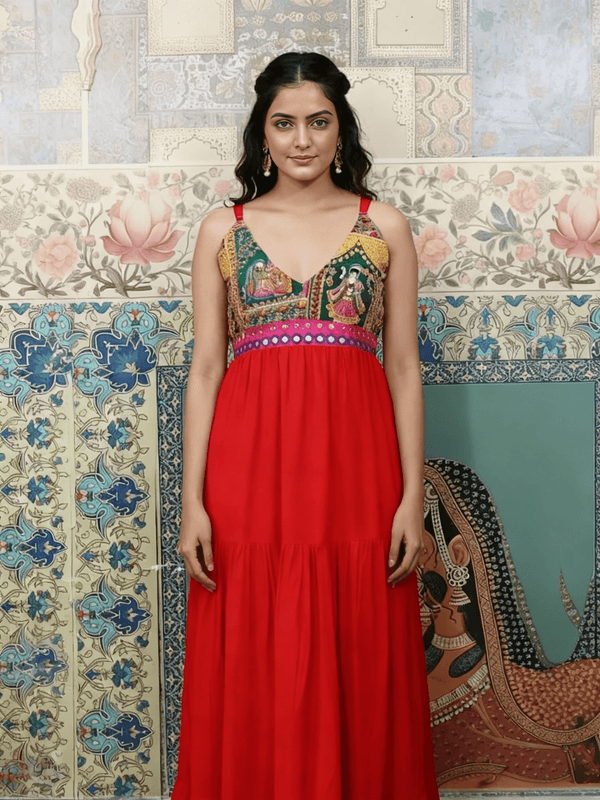 Red Boho Patchwork Maxi Dress - Rajni Collection