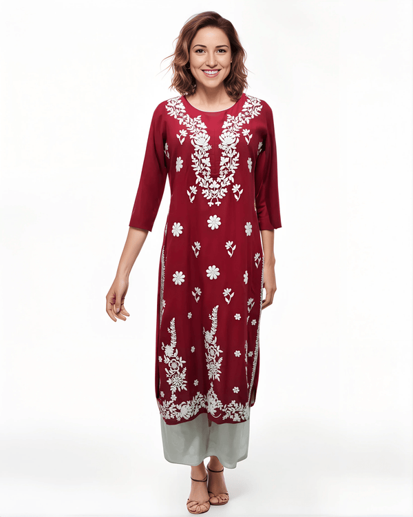 Ruhani Ruby – Elegant Maroon Kurta with White Threadwork - Rajni Collection