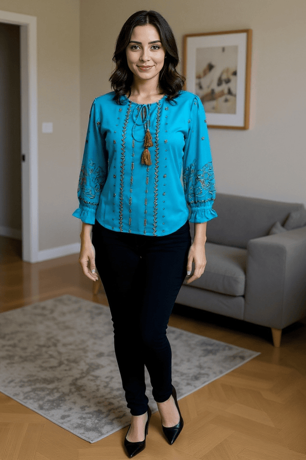 Teal Blue Embroidered Tassel Tie - Up Top - Rajni Collection