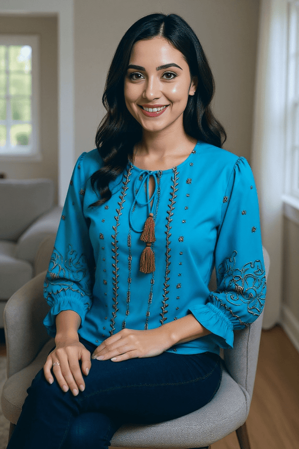 Teal Blue Embroidered Tassel Tie - Up Top - Rajni Collection