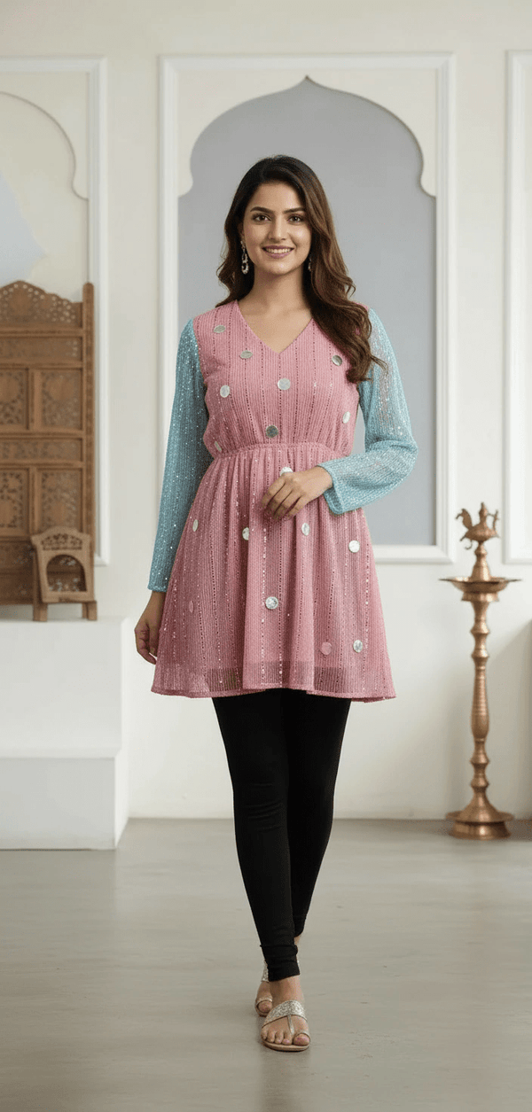 Two - Tone Shimmer Tunic with Sequin Detailing – Festive Fusion Wear - Rajni Collection
