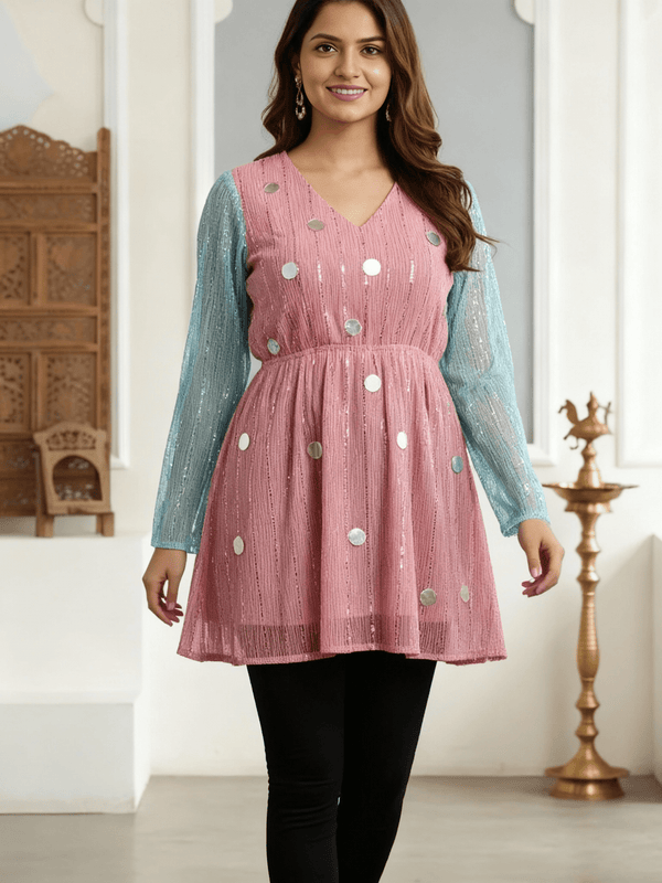 Two - Tone Shimmer Tunic with Sequin Detailing – Festive Fusion Wear - Rajni Collection
