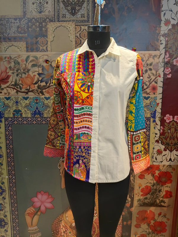 White Handcrafted Patchwork Shirt with Artistic Hand Embroidery – Boho Fusion Wear - Rajni Collection