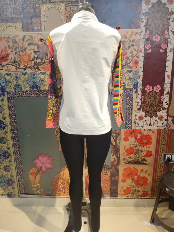 White Handcrafted Patchwork Shirt with Artistic Hand Embroidery – Boho Fusion Wear - Rajni Collection