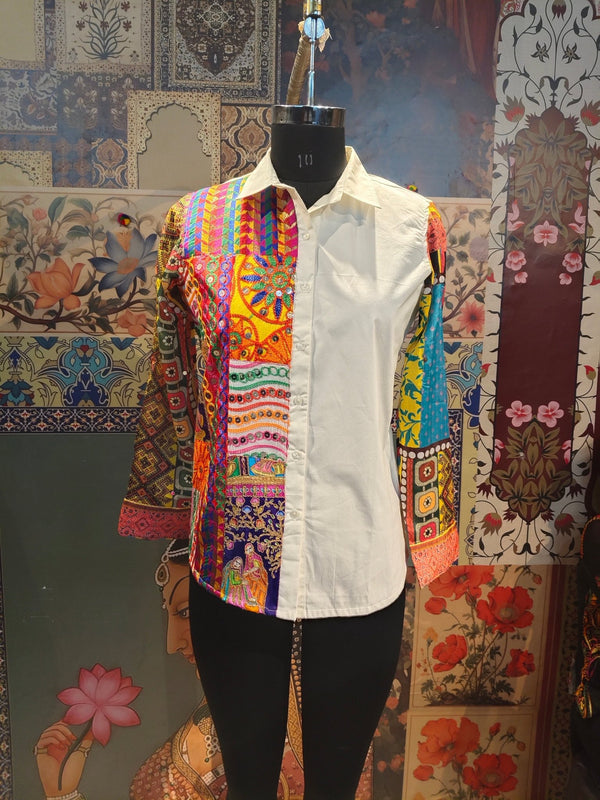 White Handcrafted Patchwork Shirt with Artistic Hand Embroidery – Boho Fusion Wear - Rajni Collection
