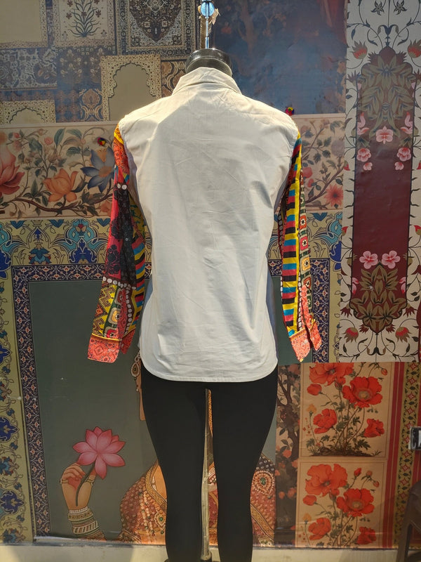 White Handcrafted Patchwork Shirt with Artistic Hand Embroidery – Boho Fusion Wear - Rajni Collection