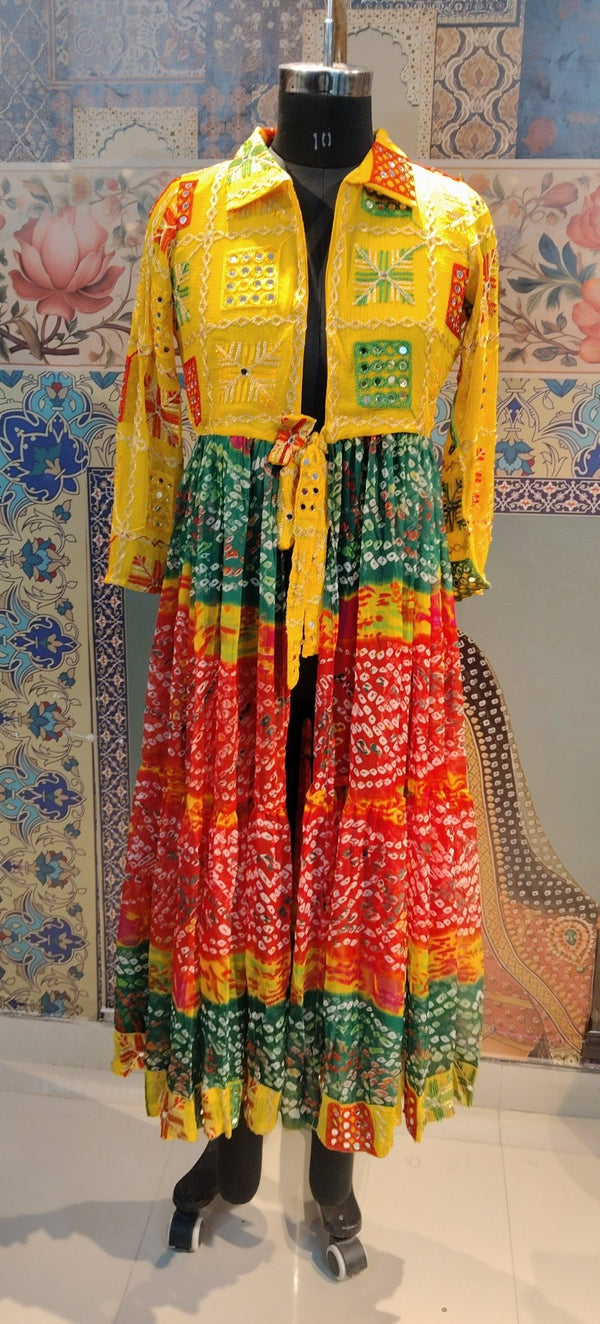 Yellow Phulkari Shrug with Multicolor Skirt - Rajni Collection