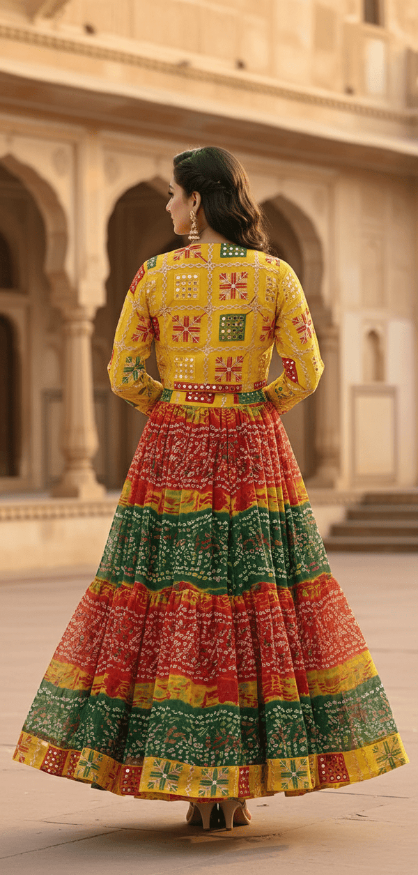 Yellow Phulkari Shrug with Multicolor Skirt - Rajni Collection