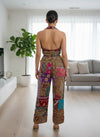 Festive Bohemian Velvet Embroidered Halter Top & Wide-Leg Pants Set
