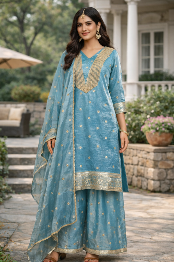 Sky Blue Zari Dot Kurta Palazzo Set with Dupatta