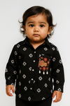 Cute Baby Girl Black Bandhani Shirt with Embellished Pocket Kidswear