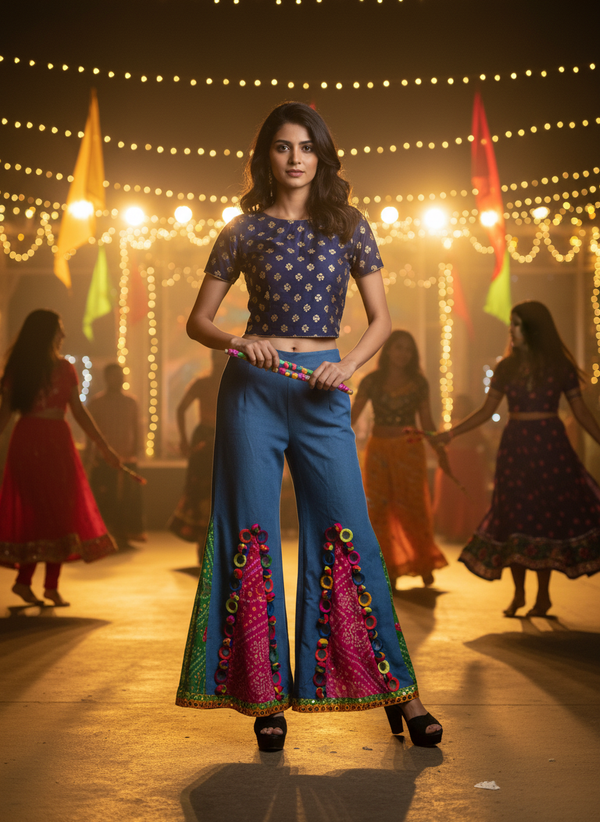 Bandhani Patchwork Wide-Leg Pants with Mirror Accents