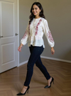 Elegant Ivory Peplum Top with Maroon Thread Embroidery