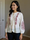 Elegant Ivory Peplum Top with Maroon Thread Embroidery