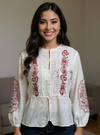 Elegant Ivory Peplum Top with Maroon Thread Embroidery