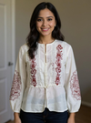 Elegant Ivory Peplum Top with Maroon Thread Embroidery