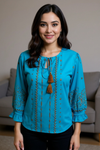 Teal Blue Embroidered Tassel Tie-Up Top