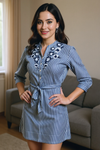 Blue Striped Shirt Dress with Floral Embroidery & Waist Tie