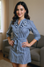 Blue Striped Shirt Dress with Floral Embroidery & Waist Tie