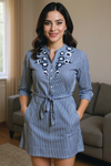 Blue Striped Shirt Dress with Floral Embroidery & Waist Tie